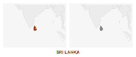 Two versions of the map of Sri Lanka, with the flag of Sri Lanka and highlighted in dark grey. vector