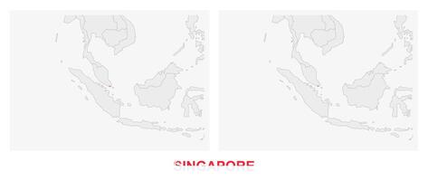 Two versions of the map of Singapore, with the flag of Singapore and highlighted in dark grey. vector