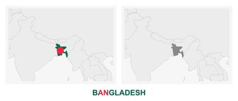 dos versiones del mapa de bangladesh, con la bandera de bangladesh y resaltada en gris oscuro. vector