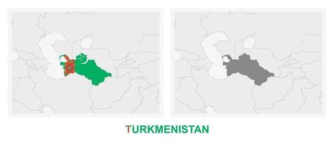 Two versions of the map of Turkmenistan, with the flag of Turkmenistan and highlighted in dark grey. vector