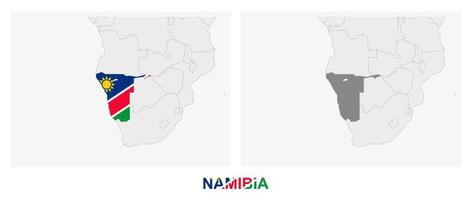 Two versions of the map of Namibia, with the flag of Namibia and highlighted in dark grey. vector