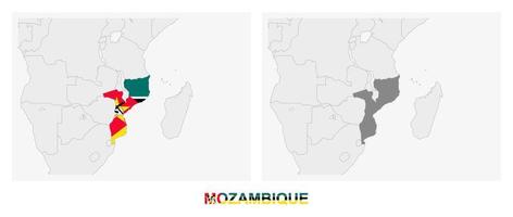 dos versiones del mapa de mozambique, con la bandera de mozambique y resaltada en gris oscuro. vector