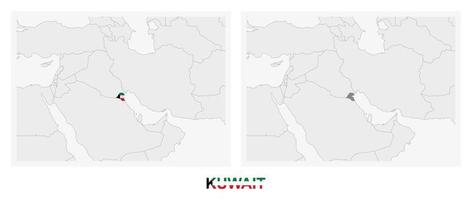 dos versiones del mapa de kuwait, con la bandera de kuwait y resaltada en gris oscuro. vector