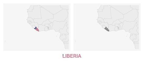 Two versions of the map of Liberia, with the flag of Liberia and highlighted in dark grey. vector