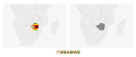 Two versions of the map of Zimbabwe, with the flag of Zimbabwe and highlighted in dark grey. vector