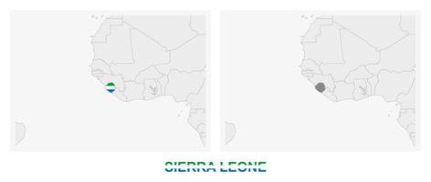 dos versiones del mapa de sierra leona, con la bandera de sierra leona y resaltada en gris oscuro. vector