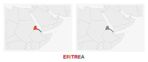 dos versiones del mapa de eritrea, con la bandera de eritrea y resaltada en gris oscuro. vector