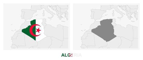 Two versions of the map of Algeria, with the flag of Algeria and highlighted in dark grey. vector