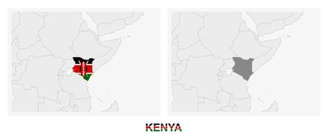 Two versions of the map of Kenya, with the flag of Kenya and highlighted in dark grey. vector