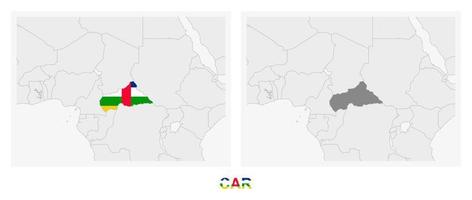 Two versions of the map of Central African Republic, with the flag of CAR and highlighted in dark grey. vector