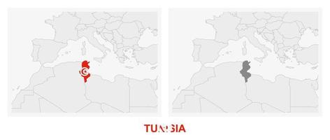 Two versions of the map of Tunisia, with the flag of Tunisia and highlighted in dark grey. vector