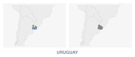 dos versiones del mapa de uruguay, con la bandera de uruguay y resaltada en gris oscuro. vector