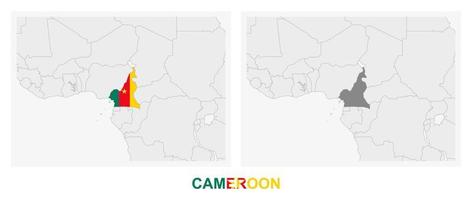 Two versions of the map of Cameroon, with the flag of Cameroon and highlighted in dark grey. vector