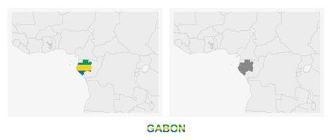 Two versions of the map of Gabon, with the flag of Gabon and highlighted in dark grey. vector