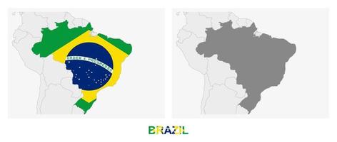 Two versions of the map of Brazil, with the flag of Brazil and highlighted in dark grey. vector