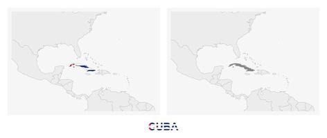 Two versions of the map of Cuba, with the flag of Cuba and highlighted in dark grey. vector