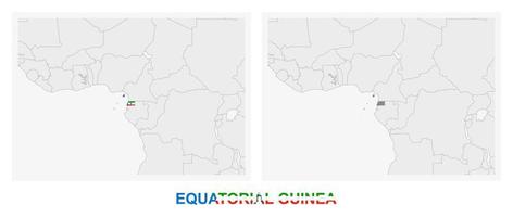 Two versions of the map of Equatorial Guinea, with the flag of Equatorial Guinea and highlighted in dark grey. vector