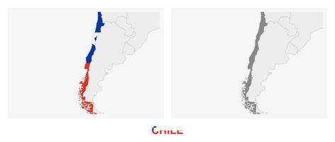 dos versiones del mapa de chile, con la bandera de chile y resaltada en gris oscuro. vector