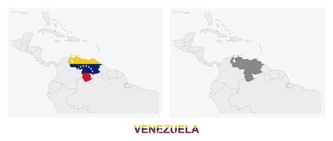 Two versions of the map of Venezuela, with the flag of Venezuela and highlighted in dark grey. vector