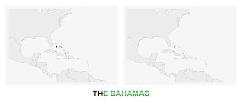 Two versions of the map of The Bahamas, with the flag of Bahamas and highlighted in dark grey. vector