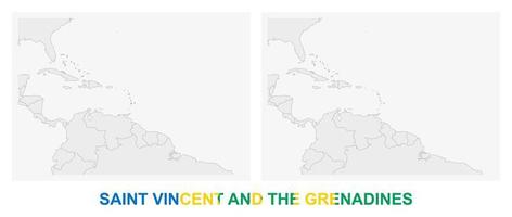 Two versions of the map of Saint Vincent and the Grenadines, with the flag of Saint Vincent and the Grenadines and highlighted in dark grey. vector