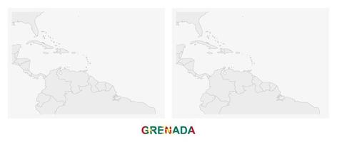 Two versions of the map of Grenada, with the flag of Grenada and highlighted in dark grey. vector