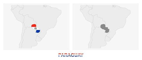 dos versiones del mapa de paraguay, con la bandera de paraguay y resaltada en gris oscuro. vector