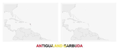 Two versions of the map of Antigua and Barbuda, with the flag of Antigua and Barbuda and highlighted in dark grey. vector