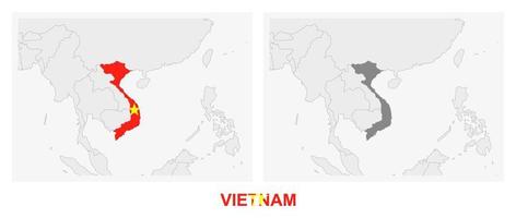 Two versions of the map of Vietnam, with the flag of Vietnam and highlighted in dark grey. vector