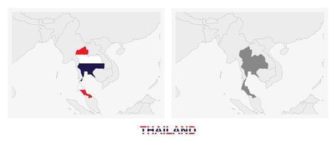 dos versiones del mapa de tailandia, con la bandera de tailandia y resaltada en gris oscuro. vector