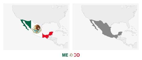 Two versions of the map of Mexico, with the flag of Mexico and highlighted in dark grey. vector