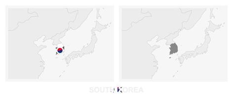 Two versions of the map of South Korea, with the flag of South Korea and highlighted in dark grey. vector