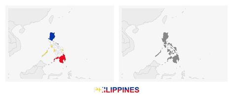 Two versions of the map of Philippines, with the flag of Philippines and highlighted in dark grey. vector