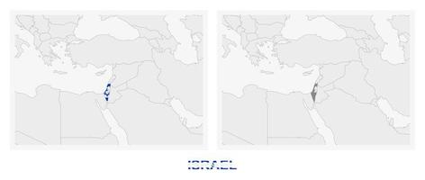 Two versions of the map of Israel, with the flag of Israel and highlighted in dark grey. vector