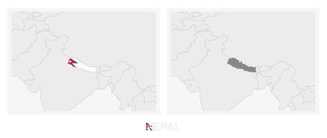 Two versions of the map of Nepal, with the flag of Nepal and highlighted in dark grey. vector