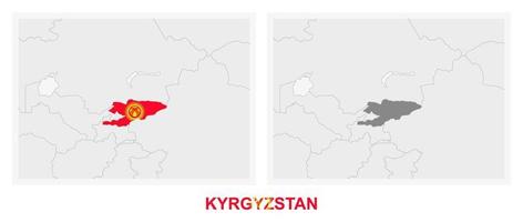 Two versions of the map of Kyrgyzstan, with the flag of Kyrgyzstan and highlighted in dark grey. vector