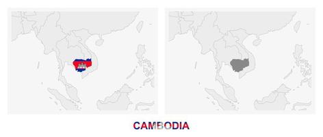 Two versions of the map of Cambodia, with the flag of Cambodia and highlighted in dark grey. vector