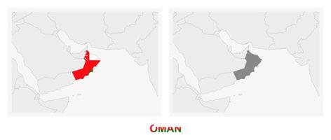 Two versions of the map of Oman, with the flag of Oman and highlighted in dark grey. vector