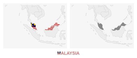 Two versions of the map of Malaysia, with the flag of Malaysia and highlighted in dark grey. vector