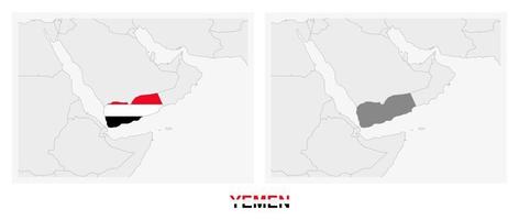 Two versions of the map of Yemen, with the flag of Yemen and highlighted in dark grey. vector