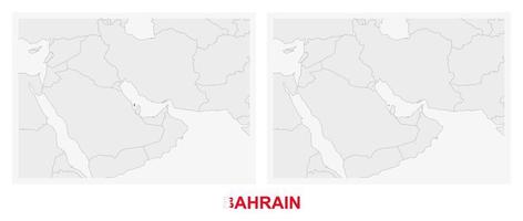 Two versions of the map of Bahrain, with the flag of Bahrain and highlighted in dark grey. vector