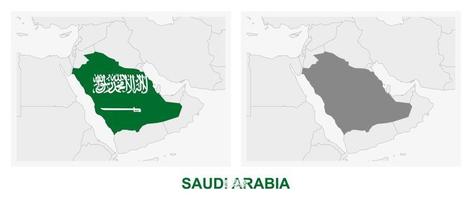 Two versions of the map of Saudi Arabia, with the flag of Saudi Arabia and highlighted in dark grey. vector