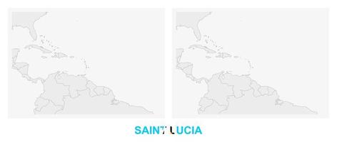 Two versions of the map of Saint Lucia, with the flag of Saint Lucia and highlighted in dark grey. vector