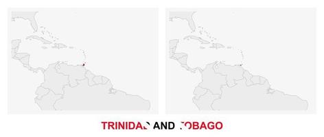 dos versiones del mapa de trinidad y tobago, con la bandera de trinidad y tobago y resaltada en gris oscuro. vector