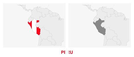 dos versiones del mapa de peru, con la bandera de peru y resaltada en gris oscuro. vector