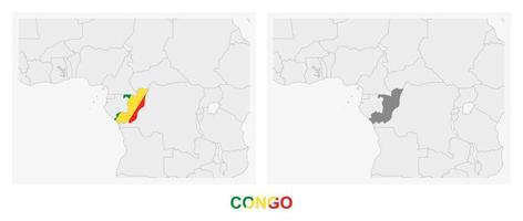 Two versions of the map of Congo, with the flag of Congo and highlighted in dark grey. vector