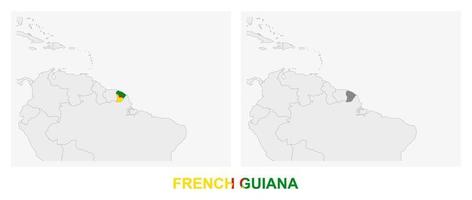 dos versiones del mapa de la guayana francesa, con la bandera de la guayana francesa y resaltada en gris oscuro. vector