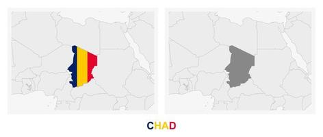 Two versions of the map of Chad, with the flag of Chad and highlighted in dark grey. vector