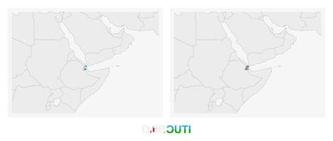 Two versions of the map of Djibouti, with the flag of Djibouti and highlighted in dark grey. vector