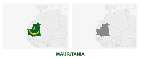 dos versiones del mapa de mauritania, con la bandera de mauritania y resaltada en gris oscuro. vector